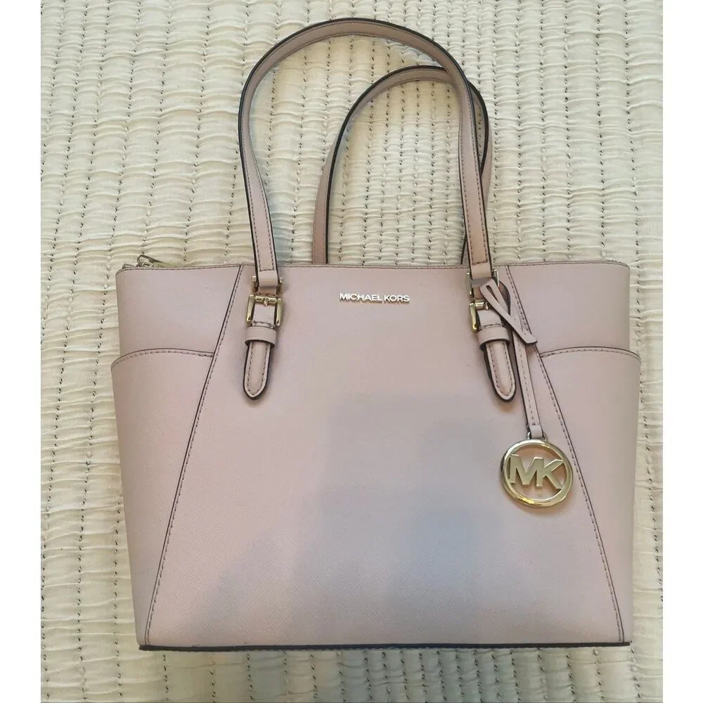 Michael Kors Charlotte Saffiano Leather Top-Zip Bag Powder Blush Pink
